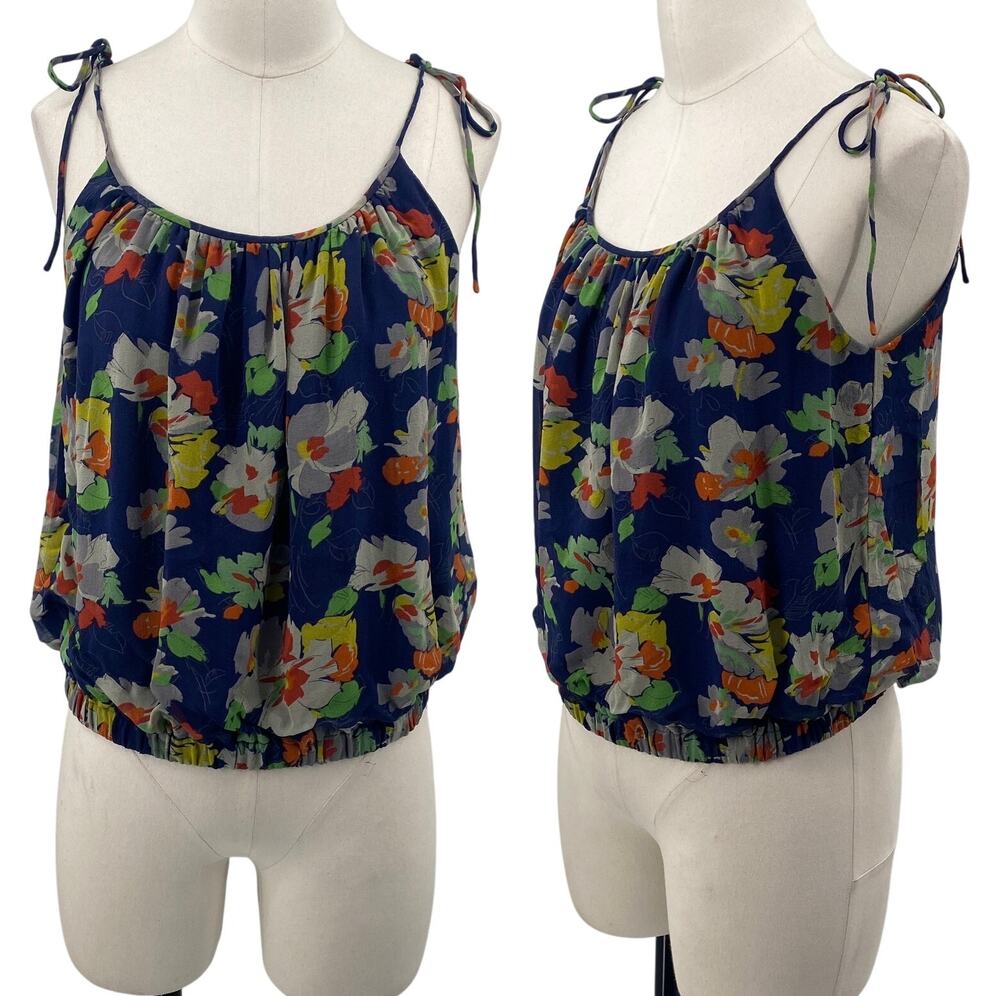 Theory Silk Floral Print Tie Strap Tank Top Blouson Scoopneck Blue Orange XS